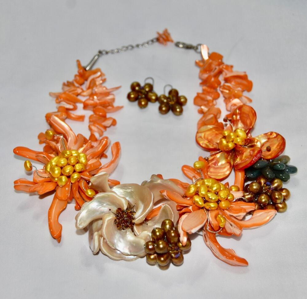 Natural Freshwater Pearl & Shell Flower Statement Necklace & Matching Earrings